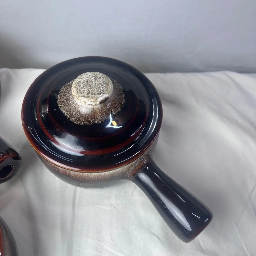 Vintage Brown Drip Glaze Ceramic Soup Crocks with Mushroom Lids Set of 4